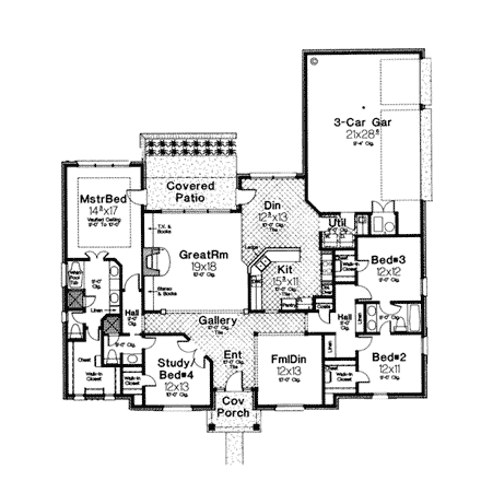 Bungalow, European House Plan 97879 with 4 Beds, 3 Baths, 3 Car Garage First Level Plan