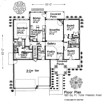 Country, European House Plan 97888 with 3 Beds, 2 Baths, 3 Car Garage First Level Plan
