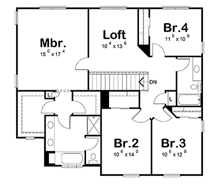 Craftsman House Plan 97974 with 4 Beds, 3 Baths, 2 Car Garage Second Level Plan