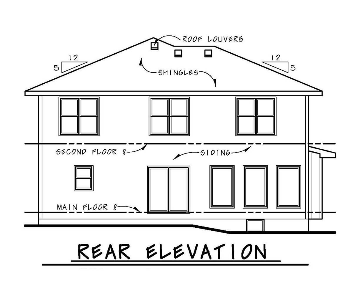 Craftsman Plan with 2309 Sq. Ft., 4 Bedrooms, 3 Bathrooms, 2 Car Garage Rear Elevation