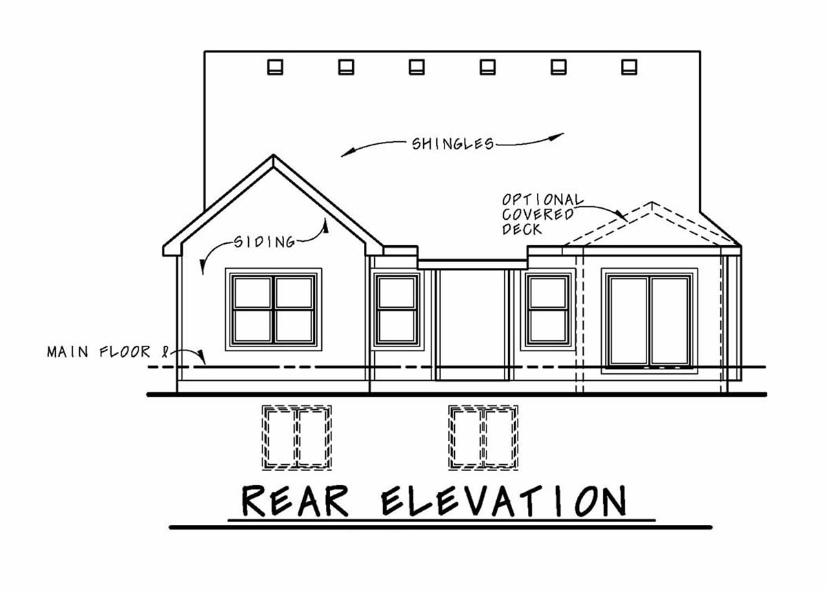 Bungalow, Cottage, Craftsman, Narrow Lot, One-Story Plan with 1596 Sq. Ft., 2 Bedrooms, 2 Bathrooms, 2 Car Garage Rear Elevation