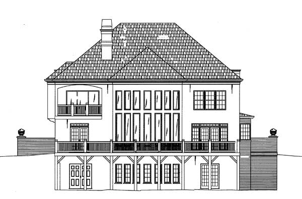 Colonial, European, Greek Revival Plan with 3073 Sq. Ft., 4 Bedrooms, 4 Bathrooms, 3 Car Garage Rear Elevation