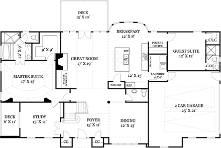 European House Plan 98209 with 4 Beds, 4 Baths, 2 Car Garage First Level Plan
