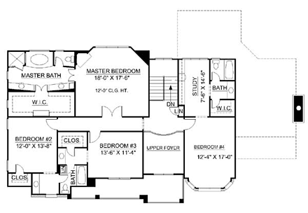 Colonial, European, Greek Revival, Tudor House Plan 98227 with 4 Beds, 4 Baths, 2 Car Garage Second Level Plan