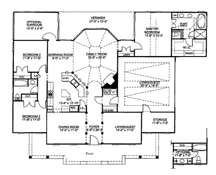 Colonial, One-Story House Plan 98238 with 3 Beds, 2 Baths, 2 Car Garage First Level Plan