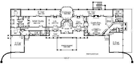 Colonial, Greek Revival House Plan 98256 with 5 Beds, 7 Baths, 5 Car Garage First Level Plan