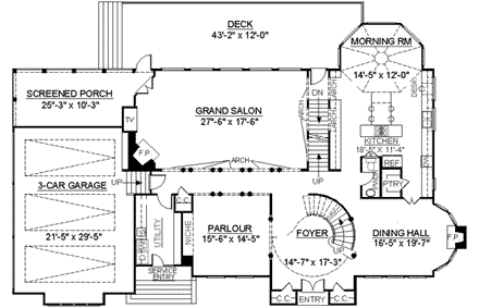 European, Greek Revival House Plan 98258 with 4 Beds, 5 Baths, 3 Car Garage First Level Plan