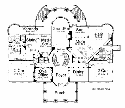 Colonial, Greek Revival House Plan 98264 with 6 Beds, 8 Baths, 4 Car Garage First Level Plan