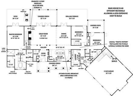 Country, Craftsman, Traditional, Tudor House Plan 98267 with 3 Beds, 4 Baths, 3 Car Garage First Level Plan