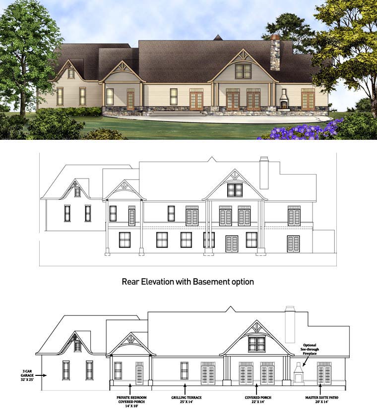 Country, Craftsman, Traditional, Tudor House Plan 98267 with 3 Beds, 4 Baths, 3 Car Garage Rear Elevation