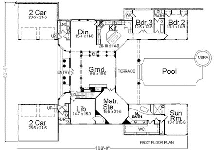 Colonial House Plan 98293 with 3 Beds, 4 Baths, 4 Car Garage First Level Plan
