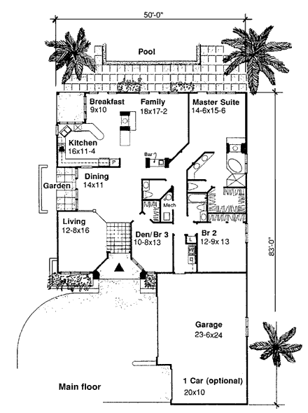 Florida, Mediterranean House Plan 98327 with 2 Beds, 3 Baths, 3 Car Garage First Level Plan