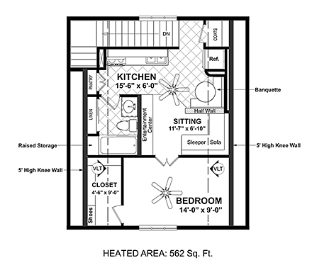 2 Car Garage Apartment Plan 98403 with 1 Beds, 1 Baths Second Level Plan