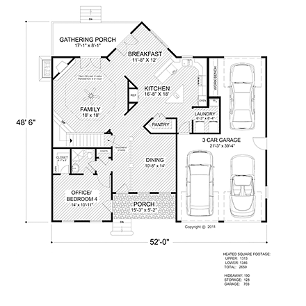 Craftsman House Plan 98405 with 4 Beds, 3 Baths, 3 Car Garage First Level Plan