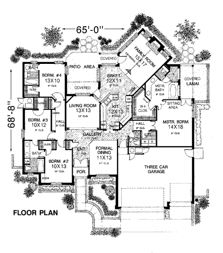 European House Plan 98511 with 4 Beds, 4 Baths, 3 Car Garage First Level Plan
