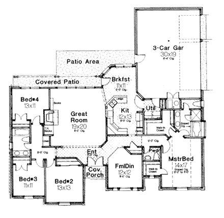 European, One-Story House Plan 98548 with 4 Beds, 3 Baths, 3 Car Garage First Level Plan
