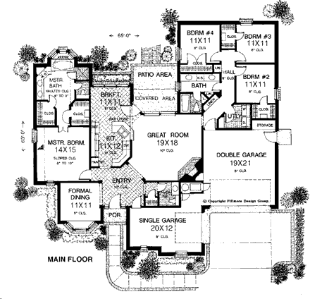 European, One-Story House Plan 98555 with 4 Beds, 3 Baths, 3 Car Garage First Level Plan