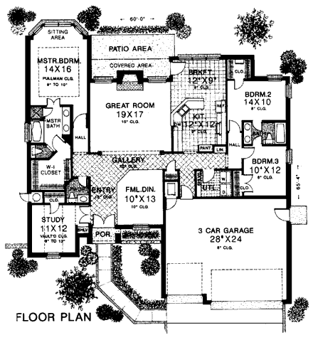 European House Plan 98579 with 3 Beds, 3 Baths, 3 Car Garage First Level Plan