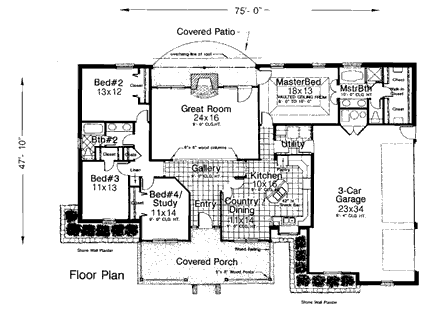 Country House Plan 98583 with 4 Beds, 2 Baths, 3 Car Garage First Level Plan