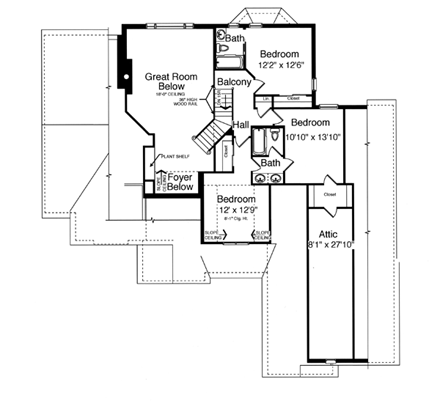 Traditional House Plan 98603 with 4 Beds, 4 Baths, 2 Car Garage Second Level Plan