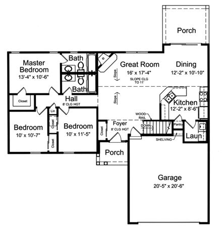 Ranch House Plan 98631 with 3 Beds, 2 Baths, 2 Car Garage First Level Plan