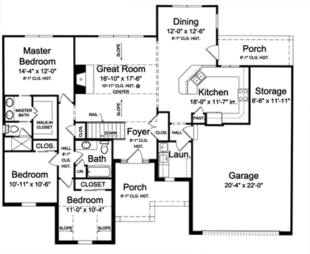 Country House Plan 98638 with 3 Beds, 2 Baths, 2 Car Garage First Level Plan