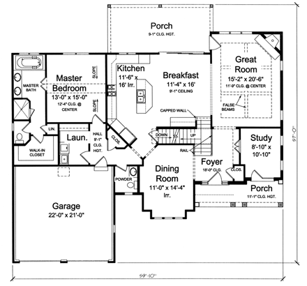 Traditional House Plan 98661 with 4 Beds, 3 Baths, 2 Car Garage First Level Plan