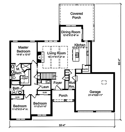 Cottage, Craftsman, Ranch, Traditional House Plan 98693 with 3 Beds, 2 Baths, 2 Car Garage First Level Plan