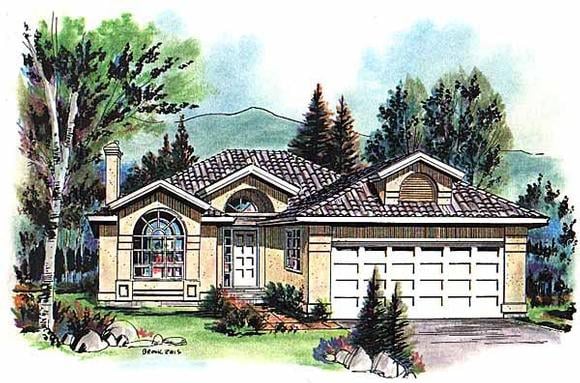 European, Florida, Mediterranean, Narrow Lot, One-Story House Plan 98806 with 3 Beds, 2 Baths, 2 Car Garage Elevation
