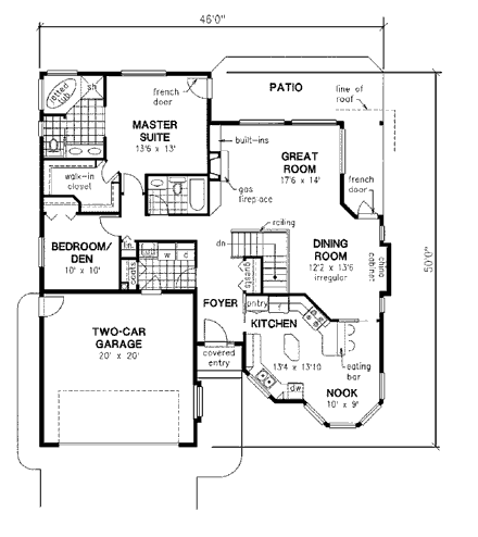 European, Florida, Mediterranean House Plan 98807 with 2 Beds, 2 Baths, 2 Car Garage First Level Plan