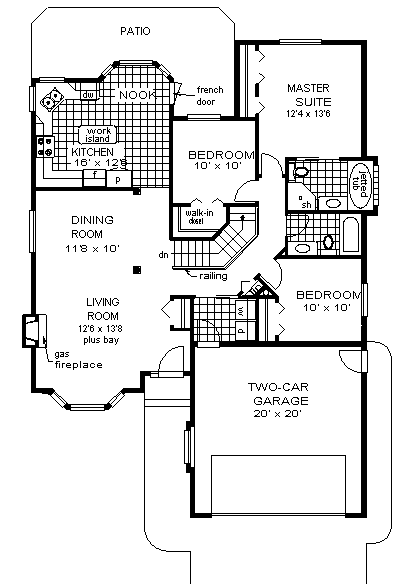 Bungalow, Narrow Lot, One-Story, Ranch House Plan 98845 with 3 Beds, 2 Baths, 2 Car Garage First Level Plan