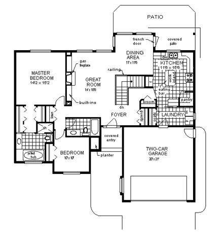 Bungalow, Craftsman, One-Story, Ranch House Plan 98849 with 2 Beds, 2 Baths, 2 Car Garage First Level Plan