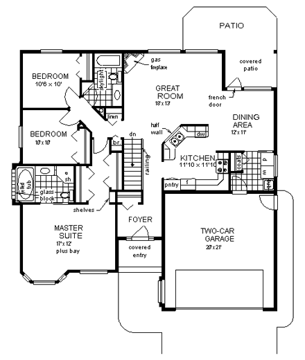 One-Story, Ranch House Plan 98855 with 3 Beds, 2 Baths, 2 Car Garage First Level Plan