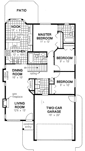 Bungalow, Narrow Lot, One-Story, Ranch House Plan 98886 with 3 Beds, 2 Baths, 2 Car Garage First Level Plan