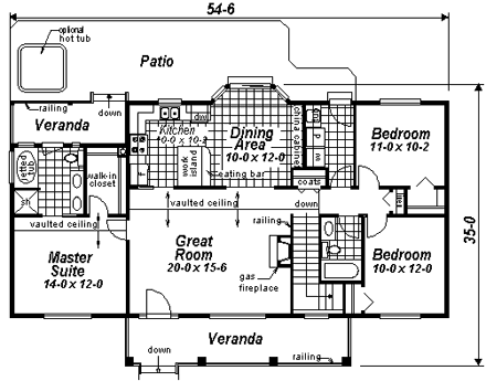 Ranch House Plan 98889 with 3 Beds, 2 Baths First Level Plan