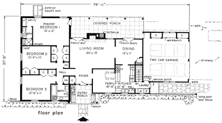 Bungalow, One-Story, Ranch House Plan 99030 with 3 Beds, 2 Baths First Level Plan