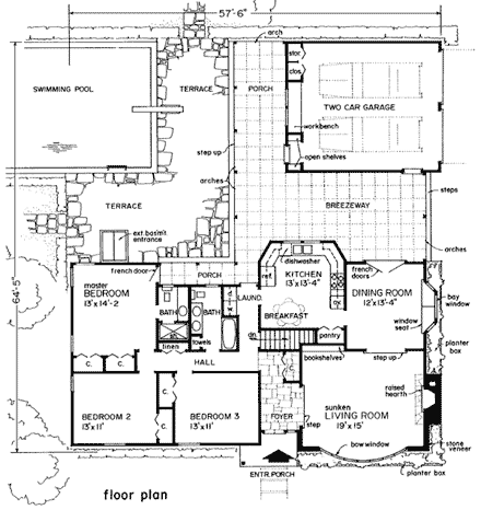 Bungalow, One-Story, Ranch House Plan 99031 with 3 Beds, 2 Baths, 2 Car Garage First Level Plan