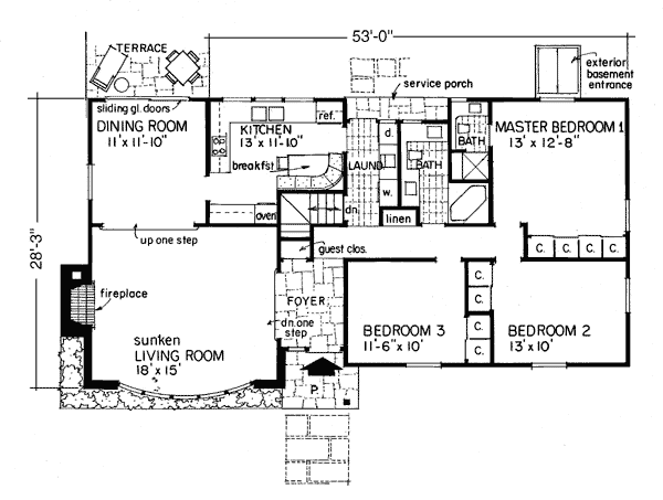 One-Story, Ranch House Plan 99047 with 3 Beds, 2 Baths Level One