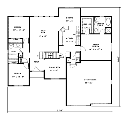 European, One-Story House Plan 99081 with 3 Beds, 2 Baths, 2 Car Garage First Level Plan
