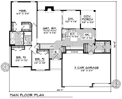 European, One-Story, Ranch House Plan 99154 with 3 Beds, 3 Baths, 3 Car Garage First Level Plan