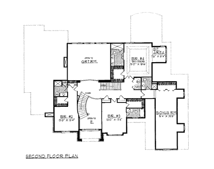 European, Tudor House Plan 99170 with 4 Beds, 5 Baths, 3 Car Garage Second Level Plan