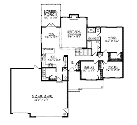 One-Story, Ranch House Plan 99185 with 3 Beds, 3 Baths, 3 Car Garage First Level Plan