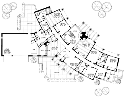 Santa Fe, Southwest House Plan 99272 with 4 Beds, 4 Baths, 3 Car Garage First Level Plan