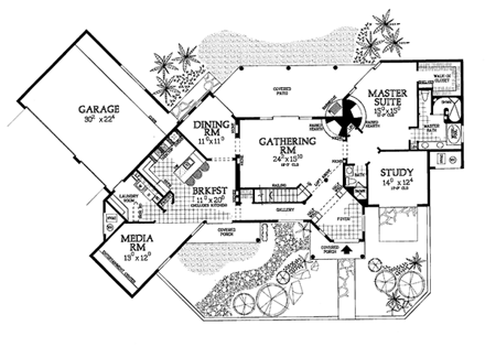 Santa Fe, Southwest House Plan 99273 with 4 Beds, 3 Baths, 3 Car Garage First Level Plan