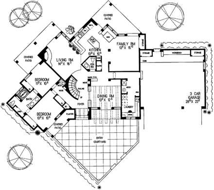 Santa Fe, Southwest House Plan 99275 with 4 Beds, 4 Baths, 3 Car Garage First Level Plan