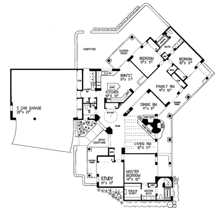 Santa Fe, Southwest House Plan 99276 with 4 Beds, 3 Baths, 3 Car Garage First Level Plan