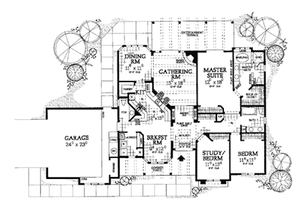 Santa Fe, Southwest House Plan 99279 with 3 Beds, 3 Baths, 2 Car Garage First Level Plan