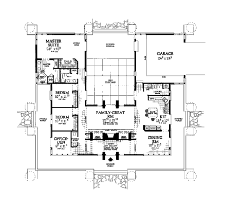 Prairie, Southwest House Plan 99288 with 3 Beds, 3 Baths, 2 Car Garage First Level Plan