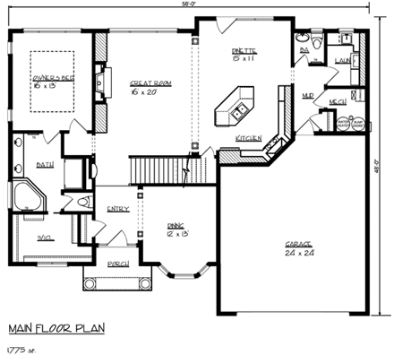Cottage, Craftsman, Traditional House Plan 99325 with 3 Beds, 3 Baths, 2 Car Garage First Level Plan