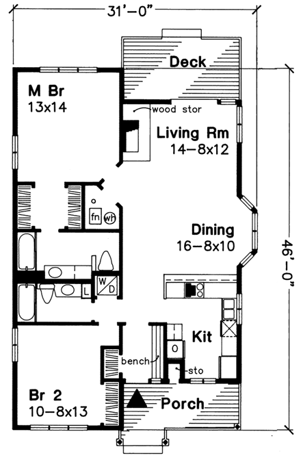 Cottage, Tudor House Plan 99394 with 2 Beds, 2 Baths First Level Plan
